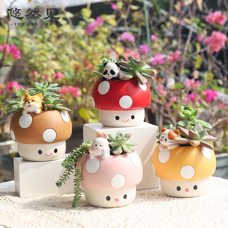 Bonsai Garden Youtube - 漫画風のかわいいキノコ型多肉植物鉢、卓上ペン立て収納チューブ装飾品。 ガーデンレジン盆栽