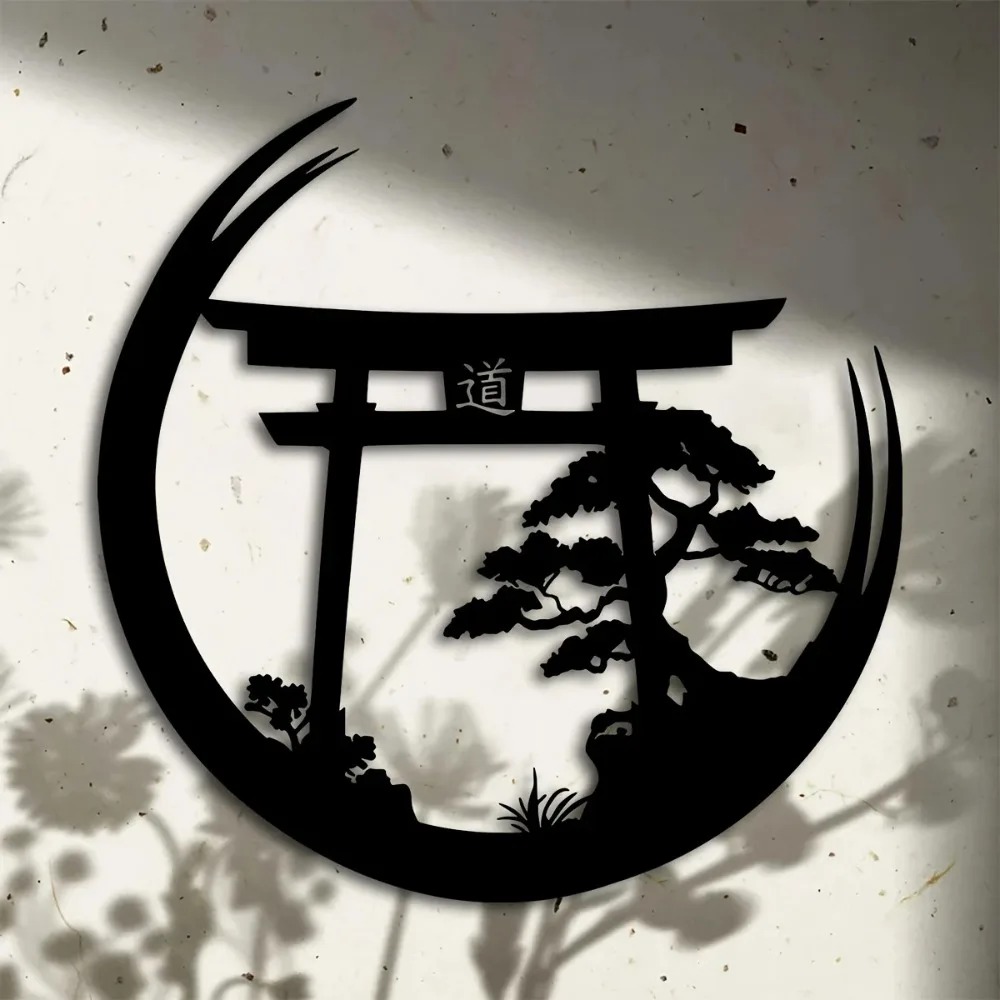 Japanese Garden Bonsai - 日本の盆栽と鳥居の金属製ウォールアート、アルミ製鉄製吊り下げ式ホームデコレーション、庭園寺院彫刻ギフト